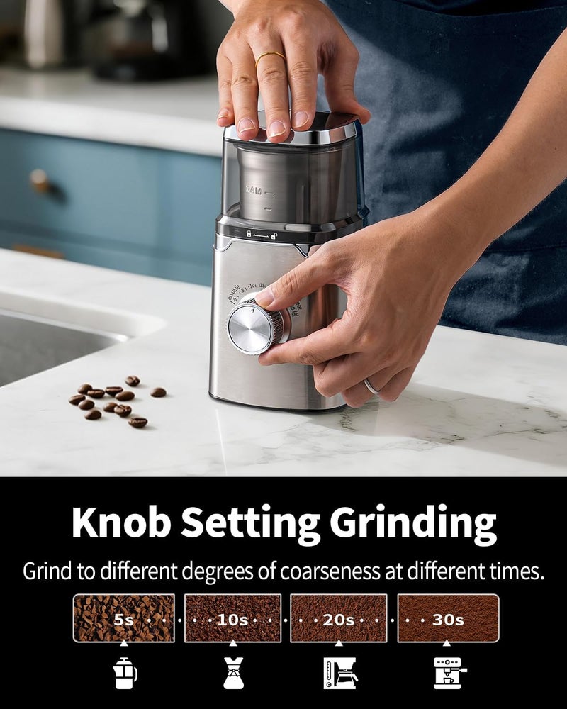 SHARDOR Electric Blade Coffee Grinder, Timed Grind Control Rotary Knob, All-stainless steel shell,Adjustable,for Coffee Beans, Spices & Herbs, with 1 Removable Stainless Steel Bowl,Sliver - Image 2